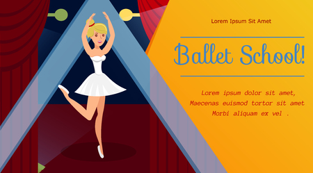 Ballet School, Dancing Classes Web Banner Template. Graceful Ballerina in Pointe Shoes and White Dress Cartoon Character. Elegant Dancer Performing Pirouette. Vector Illustration with Text Spaceのイラスト素材