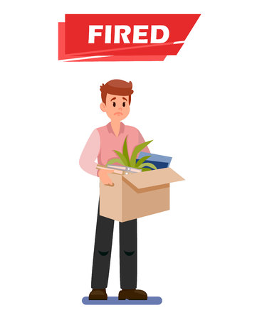 Fired Sad Employee Cartoon Vector Illustration. Guy with Box of Belongings Flat Clipart. Dismissal Text on Red Stripe. Office Worker Lost Job. Upset, Frustrated Character. Unemployed, Jobless Manのイラスト素材