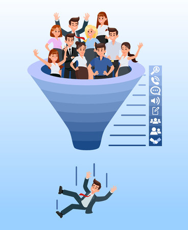 Blue Recruitment Funnel Color Vector Illustration. HR Agency. Candidate Selection Stages. Recruitment, Headhunting, Employment Signs. Tiny People in Funnel. Man Falling. Leader. Worker Got Promotionのイラスト素材