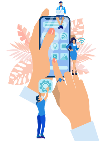 Hand Holding Smartphone Filled with Icons Flat. Cartoon Vector Illustration on White Background. Foreground, Female Hand Presses Application Button on Smartphone. Guy is Holding Gear.のイラスト素材