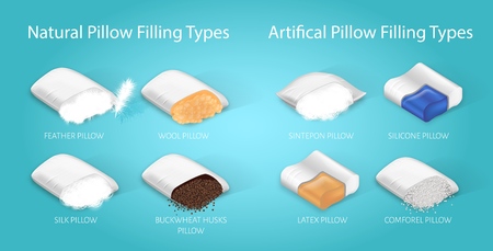 Banner Natural and Artifical Pillow Filling Types. Infographic with Caption: Feather, Wool, Silk, Buckwheat Huskc, Sintepon, Latex, Silicone, Comforel Pillow. Vector Illustration Fillers for Bedding.のイラスト素材