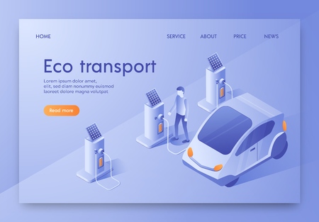 Is Written Eco Transport Isometric Flat Banner. Vector Illustration. Person Refuels an Electric Car with Energy Special Station. Electronic or Digital Technology, Works for Urban Community or City.のイラスト素材
