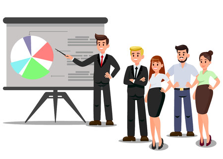 Workers at Business Conference Flat Vector Illustration. Corporate Meeting. Teamwork. Startup Project Presentation. Professional Workers Team Cartoon Characters. Market Analytics Serviceのイラスト素材