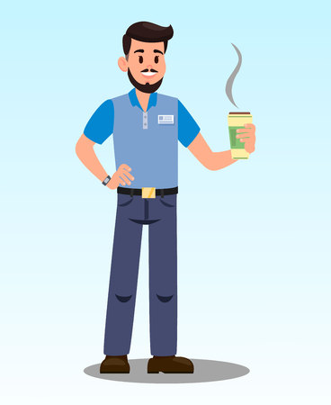 Man with Hot Latte Cartoon Illustration. Male Character with Take Away Cappuccino Cup. Coffee Delivery. Barista. Office Worker in Casual Clothes with Badge. Employee at Lunch Break. Coffee To Goのイラスト素材