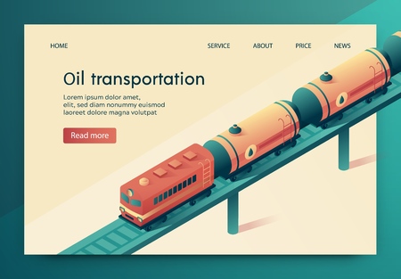Vector Illustration is Written Oil Transportation. Attached to Train Fuel Tanks by Rail. Delivery Crude Oil and Petroleum Products by Rail. Transportation System Petroleum Products.のイラスト素材