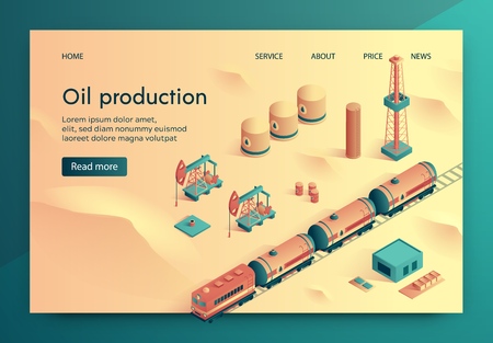 Oil Production Vector Illustration Isometric. Drilled Initial Trunk Large Diameter. Transportation Petroleum Products by Train. Process Searching for New Oil and Gas Fields. Landing Page.のイラスト素材