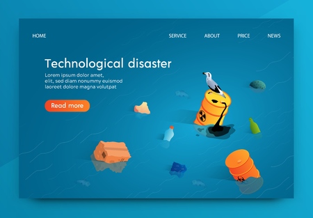 Isometric Illustration Technological Disaster. Accident on Production due to which Nature and Humanity Suffer. Pollution in Pond and Poisoned Birds and Fish. Subsequently Ecological Disaster.のイラスト素材