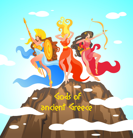 Greek Mythology is Written Gods of Ancient Greece. Vector Illustration Against Sky and Clouds. Warlike Women are Standing on Top Mountain. Women in Dresses Hold Bows and Arrows, Spears and Shields.のイラスト素材