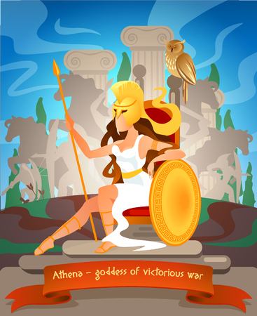 Illustration Athena Goddess of Victorious War. Vector Flat Cartoon against Backdrop Monuments Greek Culture. Woman Athletic Folded Sitting on Throne, Leaning on Shield and Holding Spear.のイラスト素材