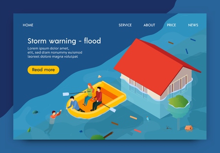 Flat Banner is Written Storm Warning Flood 3d. Men and Women Float on Flooded Streets. People Save Drowning Man From Flooding. House Flooded with Water. Vector Illustration Landing Page.のイラスト素材