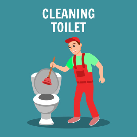 Plumber with Plunger in Hand near Toilet Bowl Vector Illustration. Cleaning Toilet Banner. Professional Plumbing Service Help. Broken Bathroom Sewage Repair Concept Repairman Fixingのイラスト素材