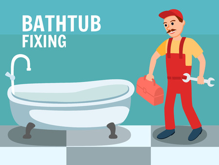 Bathtub Fixing Banner. Cartoon Male Plumber with Wrench Tool Toolbox at Bathroom Vector Illustration. Professional Plumbing Service Concept Sink Installing Renovation Fixing Broken Drain Repairのイラスト素材