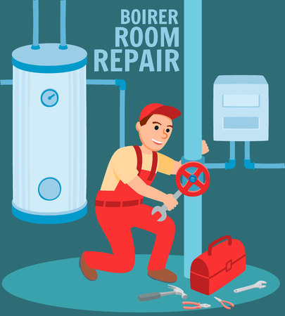 Boiler Repair Room Banner. Metal Modern Hot Water Heating System in Basement House Vector Illustration. Man Plumber Repairman Install Maintenance Gas Electric Heater Steel Tank Pipelineのイラスト素材