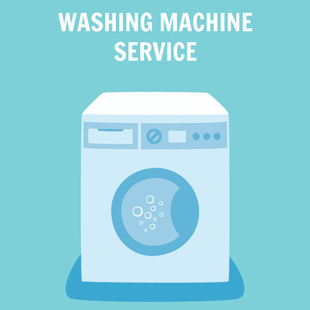 Washing Machine Service at Home Vector Illustration. Broken Leaking Automatic Washing Machine Pictogram Concept. Professional Plumber Repair Washer Repairman Maintenance Handyman Fixingのイラスト素材