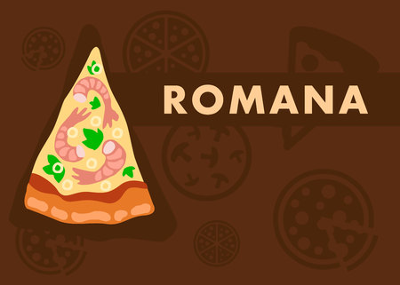 Romana Pizza Web Banner Flat Cartoon Template. Chopped Shrimps with Basil. Gourmet Italian Food. Pizzeria, Restaurant Sales for Customers Advertisement. Pizza Slice with Seafood Illustrationのイラスト素材