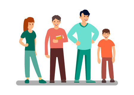 Male and Female Students Flat Cartoon Characters. Different Ages People. Guy Holding Book. Father with Son Having Conversation. Young Men and Woman. Family Members Vector Illustrationのイラスト素材