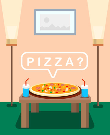 Served Pizza on Table Color Vector Illustration. Pepperoni on Wooden Board. Soda, Soft Drinks. Takeaway Cups with Straws. Party Preparation. Text in Speech Bubble. Takeout Food for Dinnerのイラスト素材