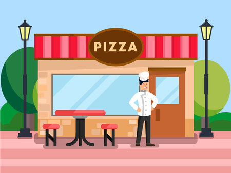 Family Bakery Building Flat Vector Illustration. Pizzaiolo Cartoon Character Standing at Cafe Outdoor Terrace. Pizzeria, Cafeteria in Countryside. Confident Chef Waiting for Customersのイラスト素材