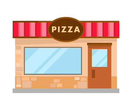 Pizzeria Modern Bricks Building Flat Illustration. Cafeteria, Restaurant Front View. Family Cafe in City, Metropolis. Empty Small Bistro. Culinary and Cooking Service. Traditional Italian Cuisineのイラスト素材