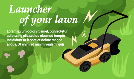 Horizontal Flat Banner Launcher of Your Lawn. Lawn Mower with Function Grinding Grass to very Small Particles. Grass Mowing Equipment after Mowing Scatters Grass over Lawn. Vector Illustration.のイラスト素材