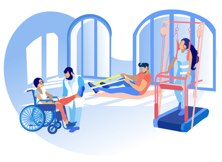Rehabilitation Disabled Physiotherapy Vector. Correction or Replacement Lost Physical Abilities Body with Help Therapeutic or Adaptive Physical Education. People Engaged Physical Education.のイラスト素材