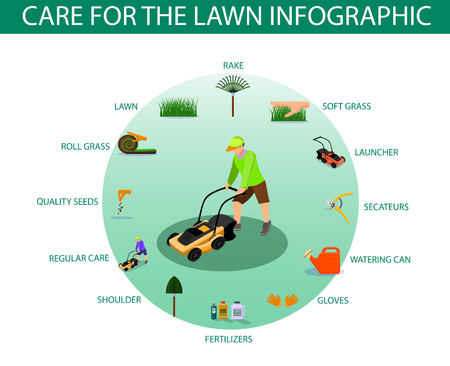Poster Written Care for the Lawn Infographic. Haircut Equipment for Grass Care Home: Rake, Launcher, Secateurs, Watering Can, Cloves, Fertilizers, Shoulder, Regular Care, Quality Seeds, Roll Grass.のイラスト素材