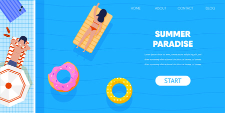 Summer Paradise Concept. Top View Girl Bikini Swimsuit on Air Mattress in Pool Resort Hotel Vector Illustration. Man Sunbath Umbrella Floating Donut Ring Water Cartoon. Happy People Relaxのイラスト素材