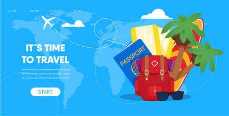 Travel Time Concept. Tourist Accessories Backpack Passport Airplane Ticket Surfboard Palm vector Illustration. Beach Vacation Tropical Tour Trip Company Advertising Adventure Journey Bannerのイラスト素材