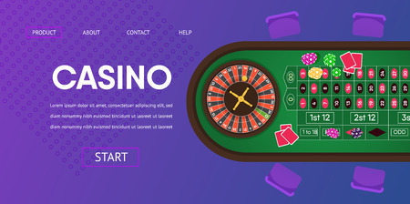 Casino Gambling Table Vector Illustration. Spin Roulette Green Table Black Red Bet Wager Chips Cards Banner. Play Poker Blackjack Risk Game Online Win Money Prize Lucky Winner gambler Addictionのイラスト素材