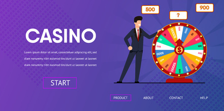 Happy Man near Spin Wheel Fortune Vector Illustration. Internet Casino Lottery Gambling Roulette Online Page. Lucky Winner Money Jackpot Prize Win Chance Failure Risk Game Addictionのイラスト素材
