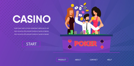 Happy Lucky Man Win Money Poker Beautiful Woman near Casino Gamble Table Chip Tokens Vector Illustration. Online Internet Gambling Blackjack Game Tournament Sport Match Winner Card Gameのイラスト素材