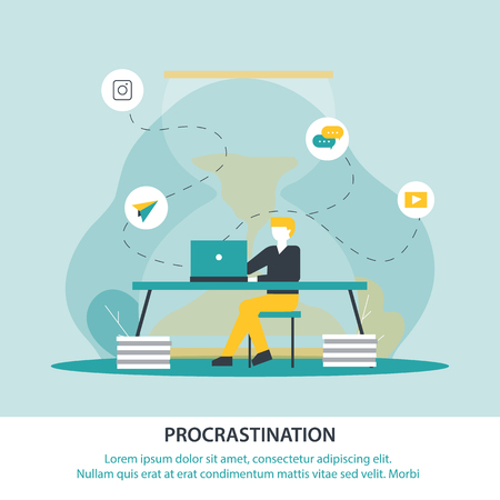 Inscription Procrastination Vector Illustration. Student is Distracted from Learning Social Networks and Correspondence. Young Man Sitting Table and Working Laptop, Violates his Deadline.のイラスト素材