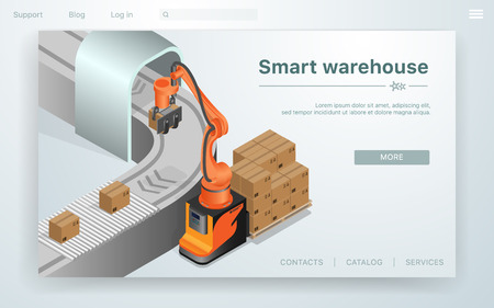 Flat Banner Smart Warehouse Automation System. New Technologies are Special Robots that are Sorted from Box. Conveyor Line in Stock. Robot Packs and Folds Cardboard Boxes Landing Page.のイラスト素材