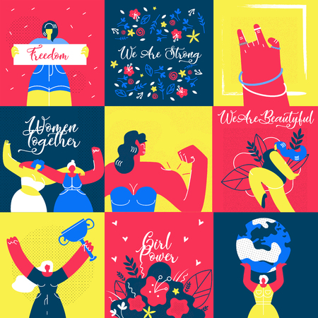 Set Women Together and We are Strong Cartoon. Vector Illustration on Color Background. Woman Holds Inscription Freedom. Girls Athletic Build Active Followers Feminist Movement Flat.のイラスト素材