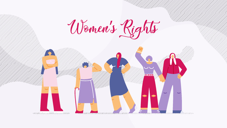 Vector Illustration is Written Womens Rights. Womens Activists for Womens Rights and Freedoms Speak Together. In Foreground Large Build Girl Stand in Row. Flat on White Background.のイラスト素材