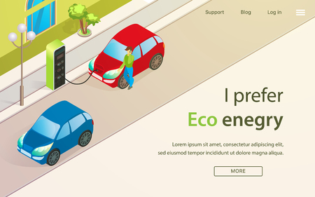 Banner is Written I Prefer Eco Enegry Cartoon. Modern Charging Stations for Electric Vehicles. Cars are Fueled By Alternative Electricity on Streets Big City. Vector Illustration Landing Page.のイラスト素材