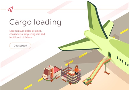 Vector Banner Cargo Loading Flight Preparation. Passenger Compartment Aircraft is Filled with Passengers Luggage. Male Airport Worker on Loader Unloads Suitcases from an Airliner, Isometric.のイラスト素材