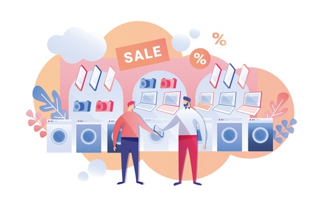 Discount for Household Appliances Cartoon Flat. Department Household and Digital Equipment and Equipment Sells Discounted Products. Men watch Discount Offers in Mobile Application.のイラスト素材