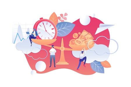Organizational Principles Effective Daily Routine. Vector Illustration on White Background. Balance between Time and Income. Scales Girl with Clock Works Laptop. Scales Money in form Dollar.のイラスト素材