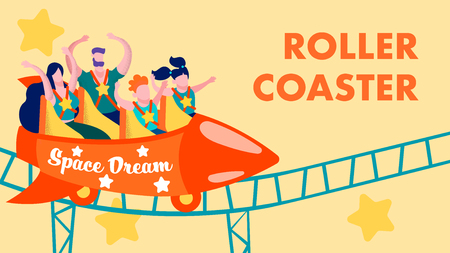 Cartoon Rollercoaster in Amusement Park Flat Invitation Card Happy Satisfied Family Riding on Roller Coaster Scary Space Dream Scared Funny Entertainment for Parents and Children Vector Illustrationのイラスト素材