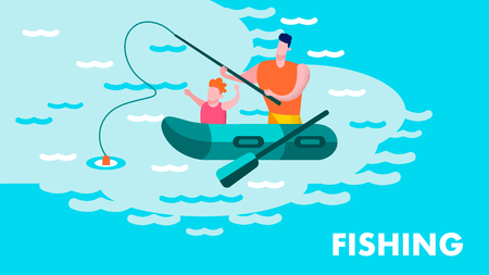 Father Teaching Son Fishing Lettering Motivate Flat Banner Happy Parents Day Recreation on Fresh Air Together Inspirational Landing Page with Cartoon Family on Boat River Backdrop Vector Illustrationのイラスト素材