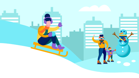 Happy Cartoon Family Having Fun Together in Winter Snowy City Panorama Flat Banner Vector Illustration Father and Son Making Snowman Mother Sliding Down Sleigh Wintertime Activities Outdoorsのイラスト素材