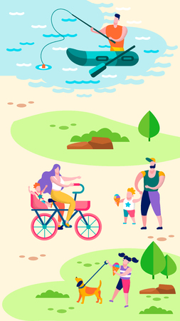 Summer Outdoor Family Recreation Social Card Parents Day Active Leisure Together Pets Care Good Memories Motivational Mobile Application Vector Illustration People Fishing Walking Cycling City Parkのイラスト素材
