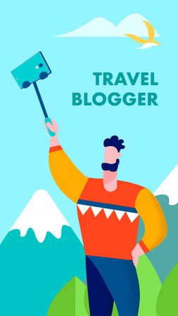Traveler Blogger Sharing Memories in Stories Social Network Card Man Taking Selfie on Highland Panorama Scene Vector Illustration Traveling Backpacking Hiking Trekking Tourist Media Blogのイラスト素材