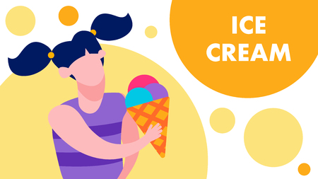 Ice Cream Text Flat Banner Vector Illustration with Happy Cartoon Girl Eating Cold Dessert Having Tasty Snack Advertising Card Promotional Printable Gelato Flyer Good Refreshment in Summerのイラスト素材
