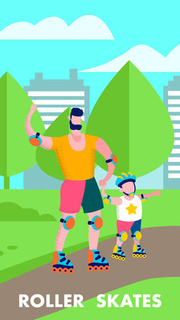 Father and Son on Roller Skate Flat Positive Motivate Vertically Oriented Banner Text Mobile Use Happy Family Summer Recreation Outdoor Active Healthy Leisure Fresh Air Vector Parents Day Illustrationのイラスト素材