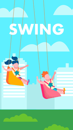 Children on Swing Outdoors Recreation Text Vertical Motivate Banner Flat Vector Cartoon Characters Swinging on City Park Landscape Girl and Boy Having Fun Happy Family and Childhood Illustrationのイラスト素材
