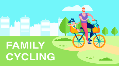 Family Cycling Text Flat Banner Outdoor Recreation in City Park. Father Riding Bicycle with Cheerful Daughter on Child Seat Vector Illustration. Healthy Active Leisure Lifestyle, Happy Summertimeのイラスト素材