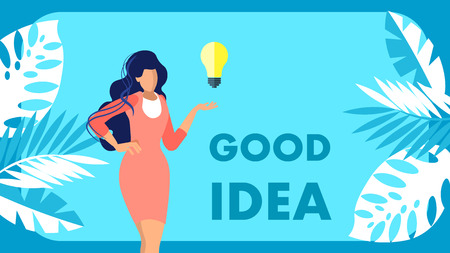 Patent Office Flat Advertising Banner Concept. Businesswoman, Author Cartoon Character. Copyright Protection Assistance, Good Idea, Intellectual Property. Law Firm Vector Illustration with Typographyのイラスト素材