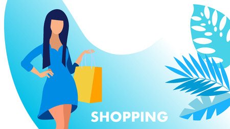 Shopping, Fashion Boutique Sale Vector Banner. Shop, Store Customer Cartoon Character. Lady in Fashionable Dress Holding Bag. Shopper, Shopaholic. Commercial Service Flat Illustration with Typographyのイラスト素材